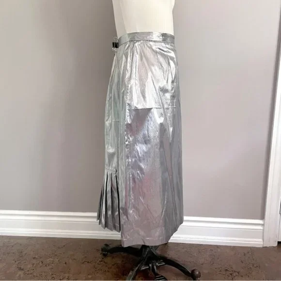 Vintage 70s Silver Metallic Tissue Lamé Lined Midi Party Skirt - M/28-29" - Picture 4 of 9